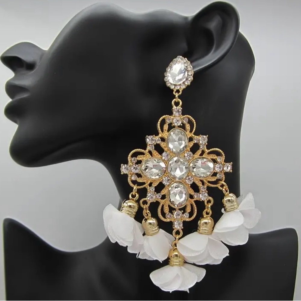 White Chic Chandelier Dangle Earrings 22k Gold Plated Sparkling Flower Design